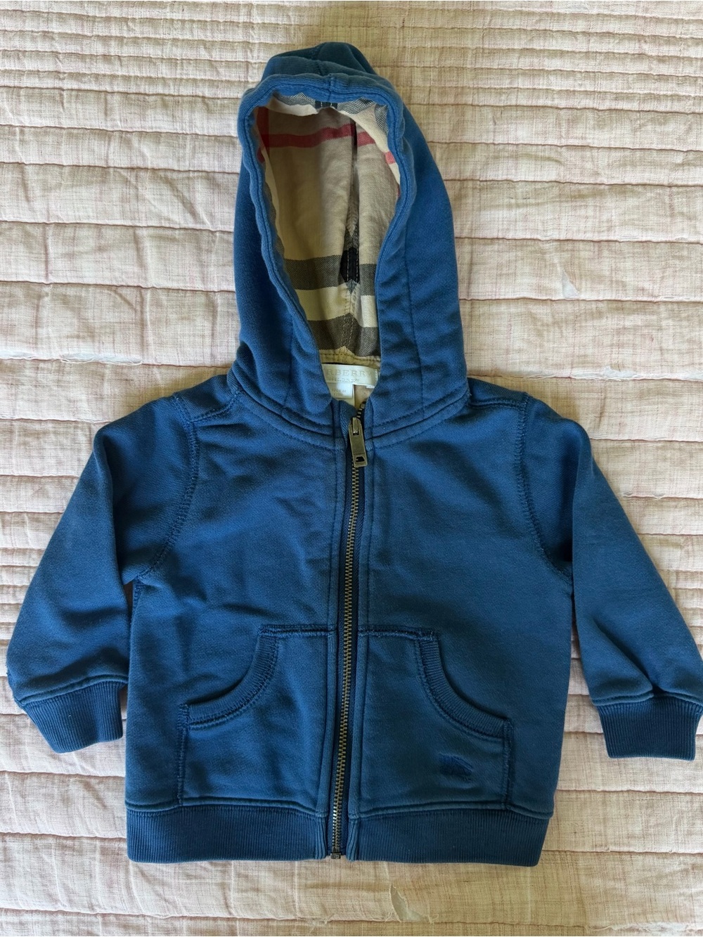 Burberry Navy Blue Kids Zip-Up Hoodie with Plaid Lining - 9 months